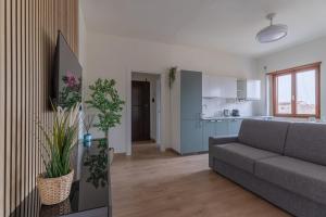 Una sala de estar con un sofá y una cocina. en Amazing Apt Free Private Parking 18 min by train to Florence, en Prato 26 fotos más
