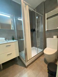 Un baño con ducha, inodoro y lavabo. en CH Six Rooms, en Madrid