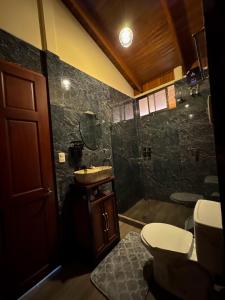 a bathroom with a shower and a toilet and a sink at Villa Lomas Sarapiquí in Colonia Carvajal