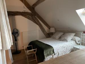 a bedroom with a bed and a fan at Chez TESS in Saint-Félix