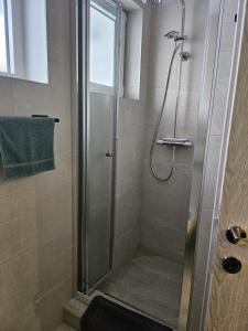 a bathroom with a shower with a glass door at FIVE apartment - very center in Osijek +22 photos