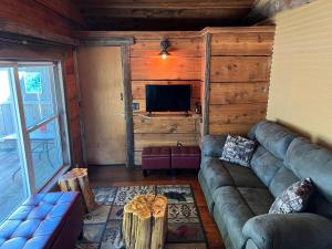 a living room with a couch and a flat screen tv at Quiver Beach Cabin in Havana