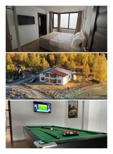 a room with a pool table and a house at Domeniul H in Rişca