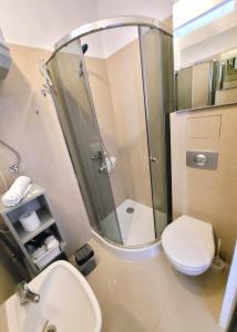 a bathroom with a shower and a toilet and a sink at STARE MiASTO II in Olsztyn