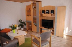 a living room with a couch and a table with a television at Ferienwohnungen Albrecht in Kloster