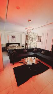 a living room with a couch and a dog laying on the floor at Delux Studio Unit I Self Check-in I Bahria Town in Lahore