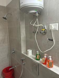 a shower in a bathroom with a mirror at Marigold-Luxury Studio in Noida
