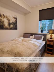 Un dormitorio con una cama y un cuadro en la pared. en New&cozy apartment near Vrådal Panorama Ski Resort, Golf and Beach, en Vradal