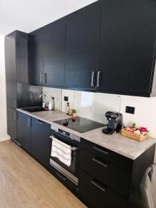 Una cocina con gabinetes negros y encimera. en New&cozy apartment near Vrådal Panorama Ski Resort, Golf and Beach, en Vradal