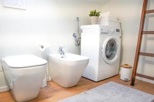 a bathroom with a washing machine and a toilet at casa vacanze LE PLEIADI in Diano Marina