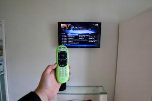 una persona sosteniendo un control remoto frente a un televisor en South of Fifth Family & Pet-Friendly Retreat Across from Best Beach in Miami, en Miami Beach