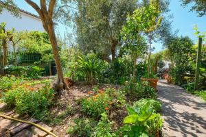 een tuin met bloemen en bomen en een stoep bij Apartment Giuseppe in Mali Lošinj