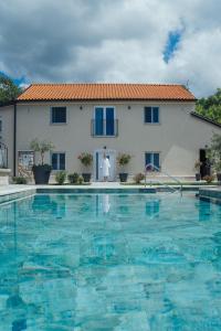 a man standing in front of a house with a swimming pool at Villa Green Garden - Infinity Pool, Jacuzzi, Sauna and Panoramic Sea View in Hreljin