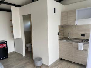 a bathroom with a sink and a toilet at Ribs coffee rock glamping in Circasia