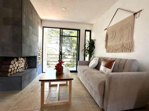 ein Wohnzimmer mit Couch und Kamin in der Unterkunft Casa Madera 2B in Zacatlán