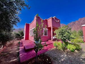 a pink house with a bench in front of it at Maison Face au lion in Tafraout