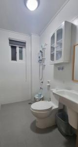 ein weißes Badezimmer mit Toilette und Waschbecken in der Unterkunft Sanjang Guest House in Baguio City + 11 Fotos