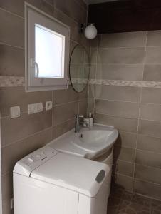 a bathroom with a sink and a toilet and a mirror at Maison de campagne avec piscine in Suze-la-Rousse