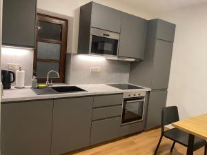 a kitchen with stainless steel appliances and a table at Apartmán Maya in Horní Planá