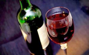 eine Flasche Wein und ein Glas Rotwein in der Unterkunft Dnevna Soba in Doboj