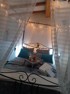 a bedroom with a canopy bed with a table at Jolie maison de village in Capendu