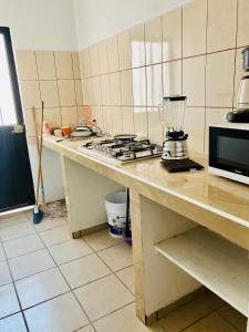 a kitchen with a stove and a blender on a counter at Departamento zona industrial in San Luis Potosí