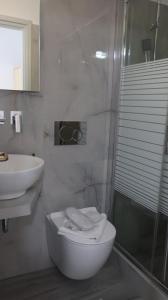 a bathroom with a toilet and a sink and a shower at Pension Sofia in Parikia