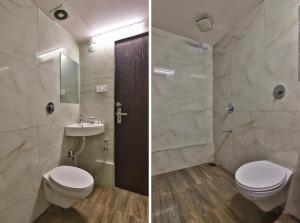 two pictures of a bathroom with a toilet and a sink at Infinity Rooms D-Mart in Surat +19 photos