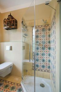 a bathroom with a shower with a toilet and a sink at Garden Cottage Villa Lichtenstein - Your Austrian Home in Altaussee +47 photos