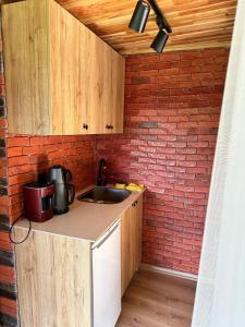 cocina con fregadero y pared de ladrillo en Bungalow, en Çamurlu
