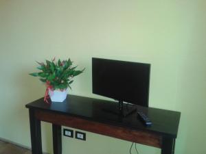 einen Schreibtisch mit einem TV und einer Topfpflanze darauf in der Unterkunft Friulmarangon in Basiliano