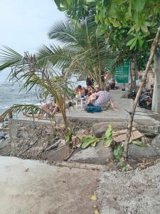 a group of people sitting on the beach near the water at Holiday Beach Cottage in Ahangama