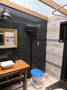 a bathroom with a blue toilet and a table at El Tambucho Miramar BsAs in Miramar