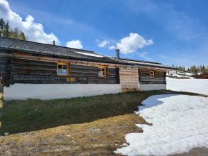 a log cabin with snow in front of it at Zeffereralm in Forstau