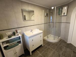 Un baño con lavabo, ducha e inodoro. en BelaVista'nBed - Peaceful Studio with private Terrace and Amazing Mosel Valley Views, en Ürzig 5 fotos más