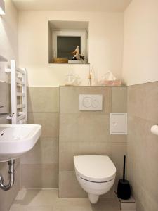 a bathroom with a toilet and a sink at FeWo Butzbachliebe in Butzbach +4 photos
