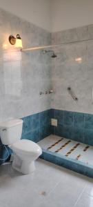 a bathroom with a shower with a toilet and a tub at El venado in Acacías