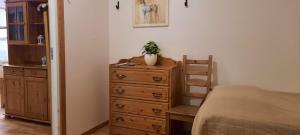 a bedroom with a bed and a dresser with a plant on it at Stall Norrby in Norrby +37 photos