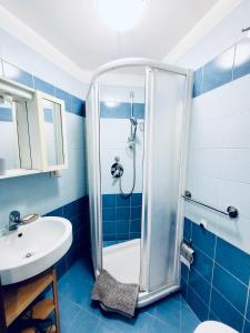 baño azul con ducha y lavamanos en House 5 minutes walk from Vatican Museums, en Roma