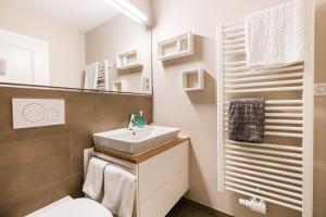 a bathroom with a sink and a toilet and a mirror at KÖ-Gartensuite in Westerland