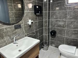 ein Badezimmer mit Waschbecken, Toilette und Spiegel in der Unterkunft Pars Palas Hotel in Bostaniçi + 22 Fotos