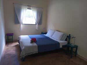 a bedroom with a bed and a window with flowers on it at Respire Fundo A Natureza te Espera - Estância do Caminho do Meio in Caldazinha +33 photos