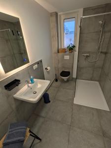 a bathroom with a shower and a sink at Schlosspark Apartments in Flechtingen +19 photos