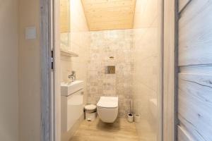a small bathroom with a toilet and a sink at Morski domek in Dębki +19 photos