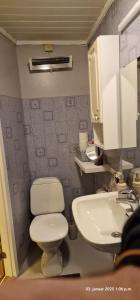 a bathroom with a white toilet and a sink at Harstad city studio apartment A in Harstad