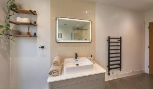 a bathroom with a white sink and a mirror at Lodge Barn Annexe in Hardwick +15 photos