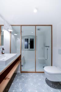 a bathroom with a shower and a toilet and a sink at Zuhaus Freiweidach - Design Holiday Home Chiemgau in Aschau im Chiemgau +27 photos