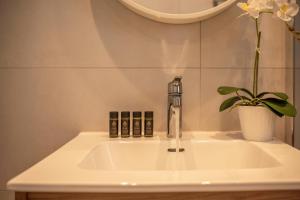 a bathroom sink with a faucet and a plant at Sea Daffodil apartments in Kissamos +57 photos