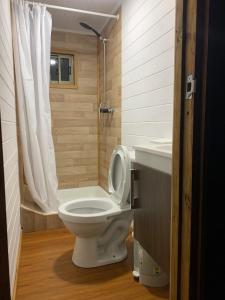 Un baño pequeño con inodoro y lavabo. en Tiny house Hostal, en Pichilemu