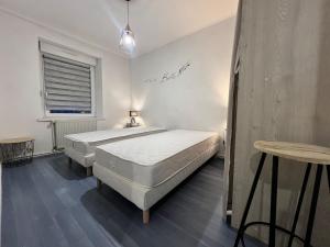 a bedroom with two beds and a table and a window at Spacieux appartement à Belfort in Belfort